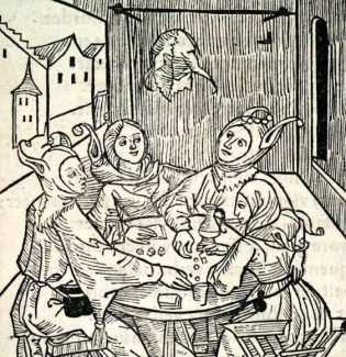 Medieval gamblers in a dice game and drinking at an inn