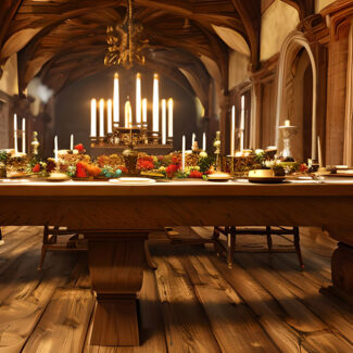 AI generated image of a medieval banquet hall