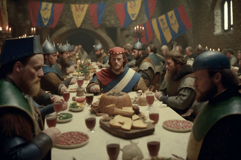 Noble lord sat with his knights enjoying a celebration in the medieval hall
