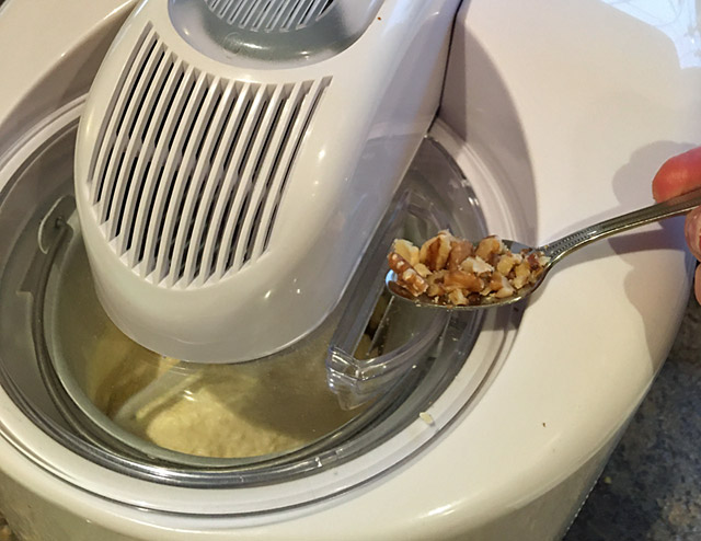 adding walnuts to ice cream mix