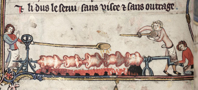 Medieval spit boys roasting chickens